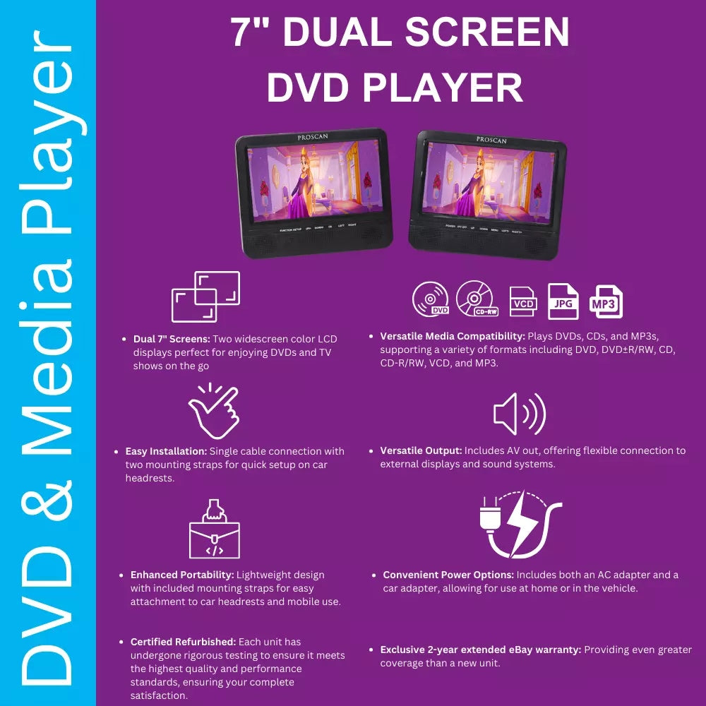 Proscan Elite 10.1" Dual Screen Portable DVD Media Player PEDVD1082 Black - Good Refurbished