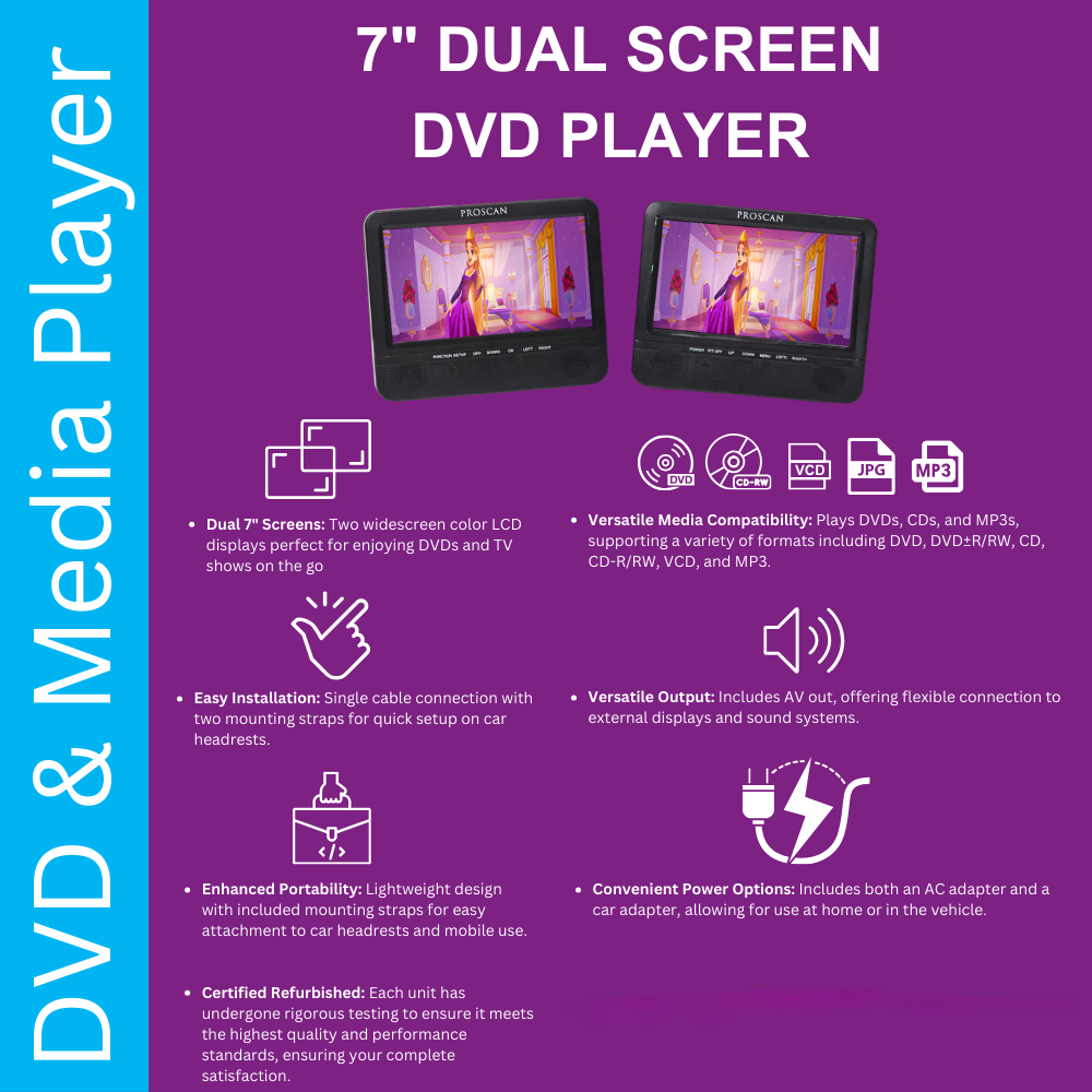 Proscan 7" Dual Screen Portable CD DVD Player, w/ SD Card slot, USB port PDVD7751