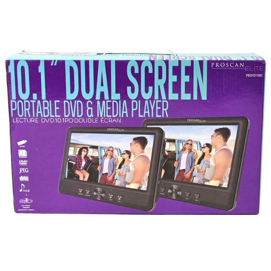 Proscan Elite 10.1" Dual Screen Portable CD DVD Media Player Black, SD Card slot, USB, 3.5mm Jack, For Car use Family Vacation or Travelling - PEDVD1082