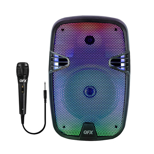 QFX LMS-8074 8" Portable Party Speaker with Liquid Motion Lights and Wired Microphone, 25Watts, Rechargeable battery, FM radio