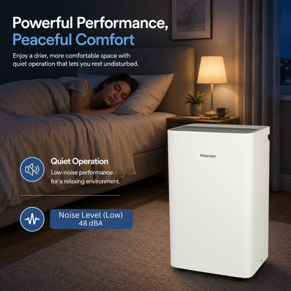 Hisense 50 Pint 3-Speeds Dehumidifier up to 4500 sq ft - DH7021K1W, 3 Modes/3 Fan Speed, 3 Modes (Auto, Continuous, Manual) - 48 dB(A) sound