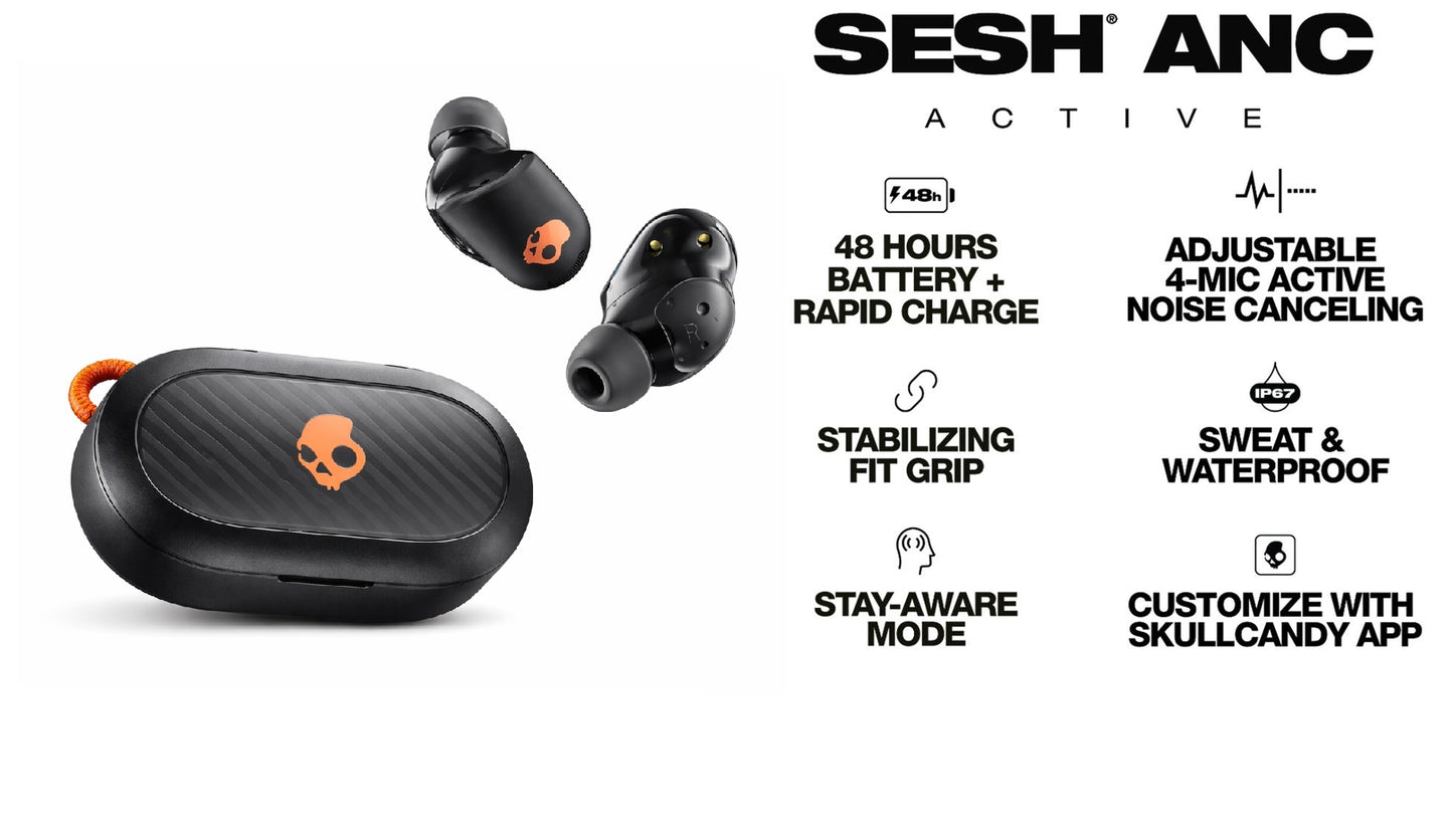 Skullcandy Sesh ANC Noise-Canceling True Wireless Earbuds Black and Orange S2SAW-S749