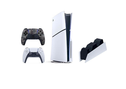 Sony Playstation 5 Slim Disc Console Bundle with White & Gray Camo Controllers and DualSense Charging Station