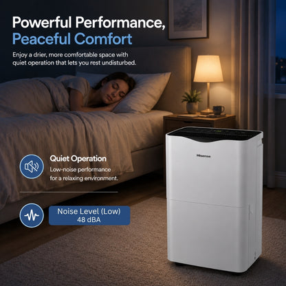 Hisense 50 Pint Dehumidifier 300 sq. ft Slide-out Bucket with Easy-carry Handle, 3 Speeds (Lo, Hi, Auto), Up to 4500 sq ft., Auto shut-off, Quiet 48 dB, 115v, - DH5023KP