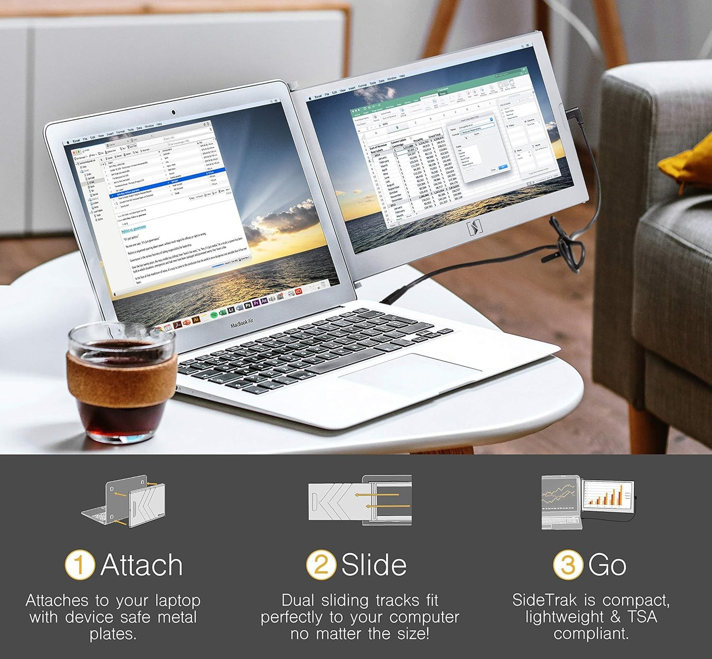 SideTrak Slide Portable Monitor for Laptop 12.5" FHD 1080P IPS Attachable Laptop Screen, Efficient USB Power, Compatible with Mac & Chrome 13" -17" Laptops, ST12BL