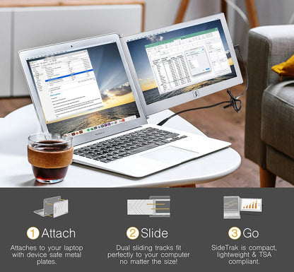 SideTrak Slide Portable Monitor for Laptop 12.5" FHD 1080P IPS Attachable Laptop Screen, Efficient USB Power, Compatible with Mac & Chrome 13" -17" Laptops, ST12BL