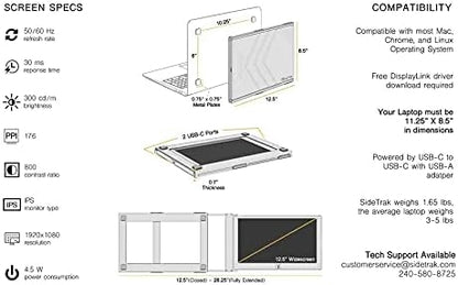 SideTrak Slide Portable Monitor for Laptop 12.5" FHD 1080P IPS Attachable Laptop Screen, Efficient USB Power, Compatible with Mac & Chrome 13" -17" Laptops, ST12BL