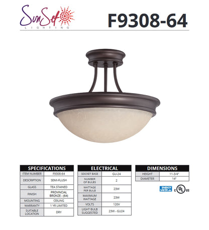 Sunset Lighting 2-Light 14" Semi Flush 23W Tea Stain Glass Provincial Bronze F9308-64