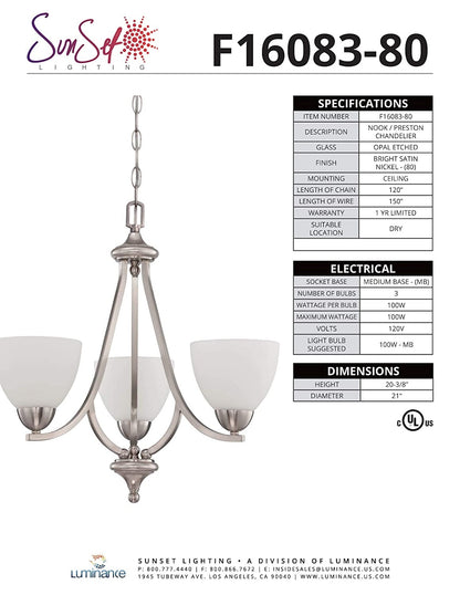Sunset Lighting 3-Light 21" Diameter Preston Chandelier Ceiling Lamp, Satin Nickel F16083-80