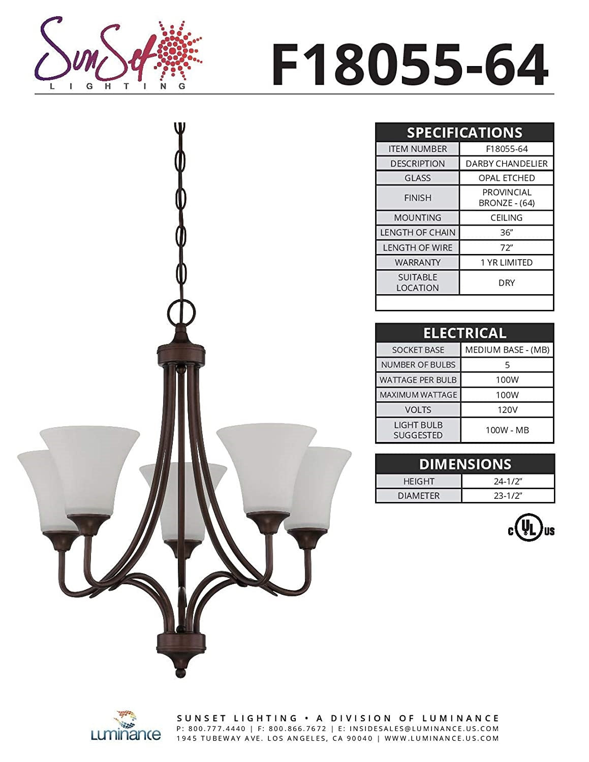 Sunset Lighting 5-Light Darby Chandelier 100W Provincial Bronze - F18055-64