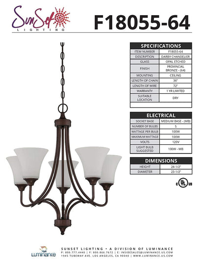 Sunset Lighting 5-Light Darby Chandelier 100W Provincial Bronze - F18055-64