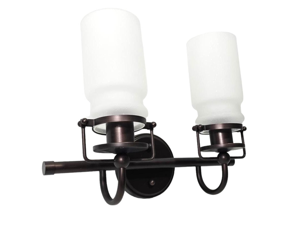 Sunset Qairo 2 Light Vanity Oil Brushed Bronze w/ Frosted Seeded Glass Shades F25102-64