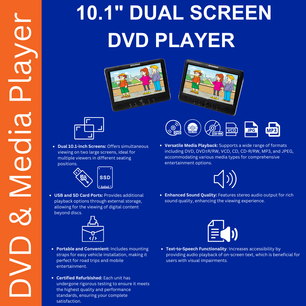 Sylvania 10.1" Dual Screen Portable DVD, VCD, CD Player, SD card slot SDVD1082
