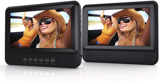 Sylvania SDVD7751 7in Dual Screen Portable DVD Player Black, USB Port, SD card slot, 3.5mm Jack, Includes Car Headrest Mounting Straps (Renewed)