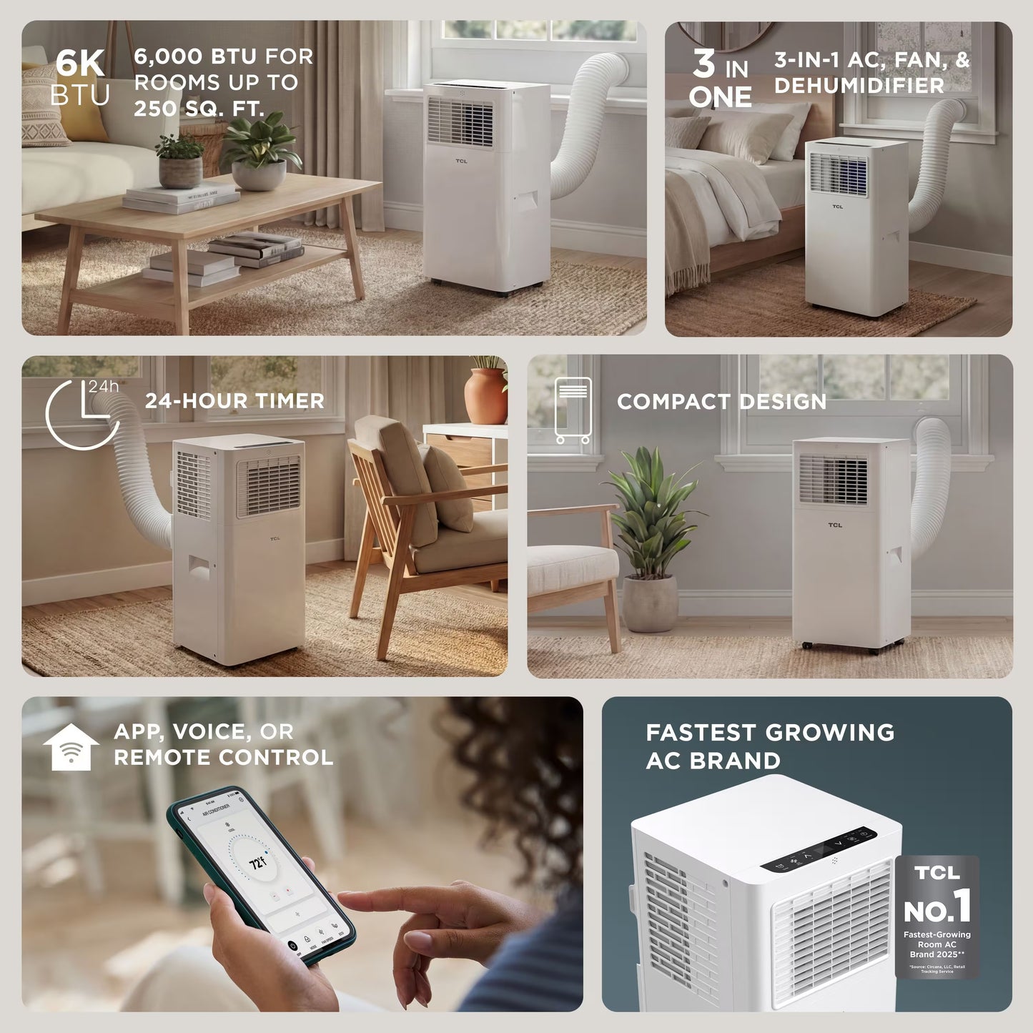 TCL - 250 Sq. Ft. 6,000 BTU Smart Portable Air Conditioner 3-in-1 with AC, Fan & Dehumidifier - White T06PC5S