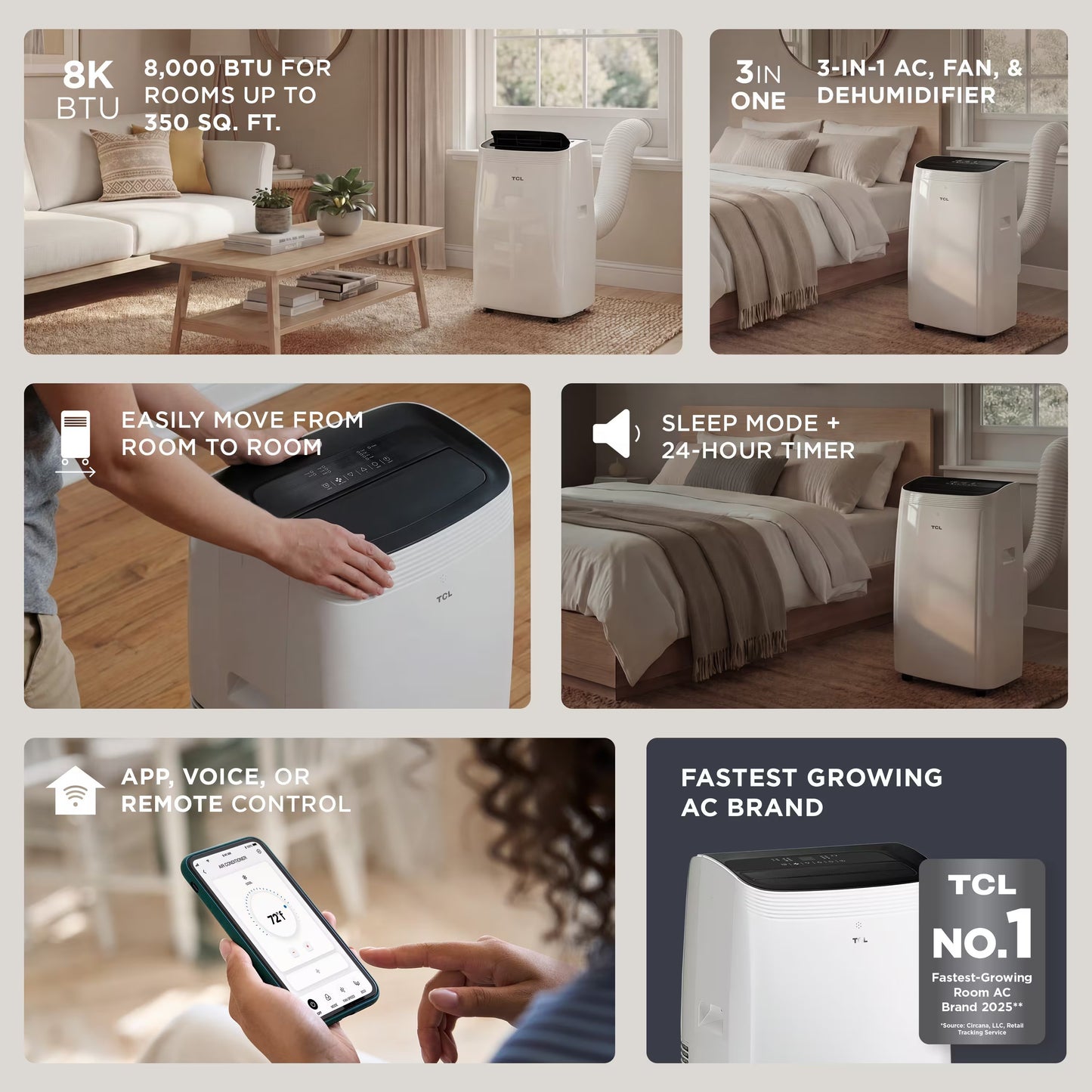 TCL - 350 Sq. Ft. 8,000 BTU Smart Portable Air Conditioner 3-in-1 with AC, Fan & Dehumidifier - White T08PC5S