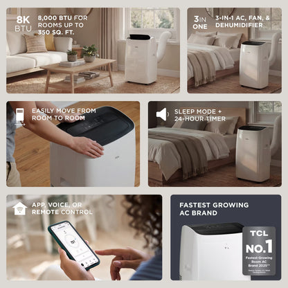 TCL - 350 Sq. Ft. 8,000 BTU Smart Portable Air Conditioner 3-in-1 with AC, Fan & Dehumidifier - White T08PC5S