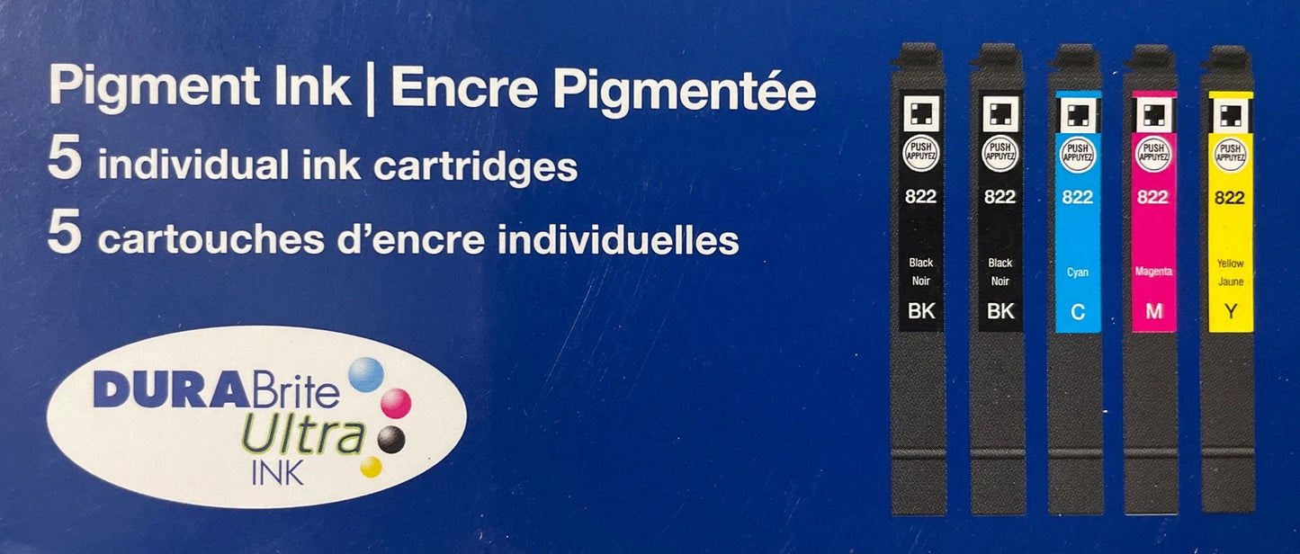 Epson 822 DURABrite Ultra Ink Standard Capacity Ink Cartridges (Black Cyan Magenta Yellow) OEM Genuine Ink - Expiration Date of 2027 - T8221-5-SVH