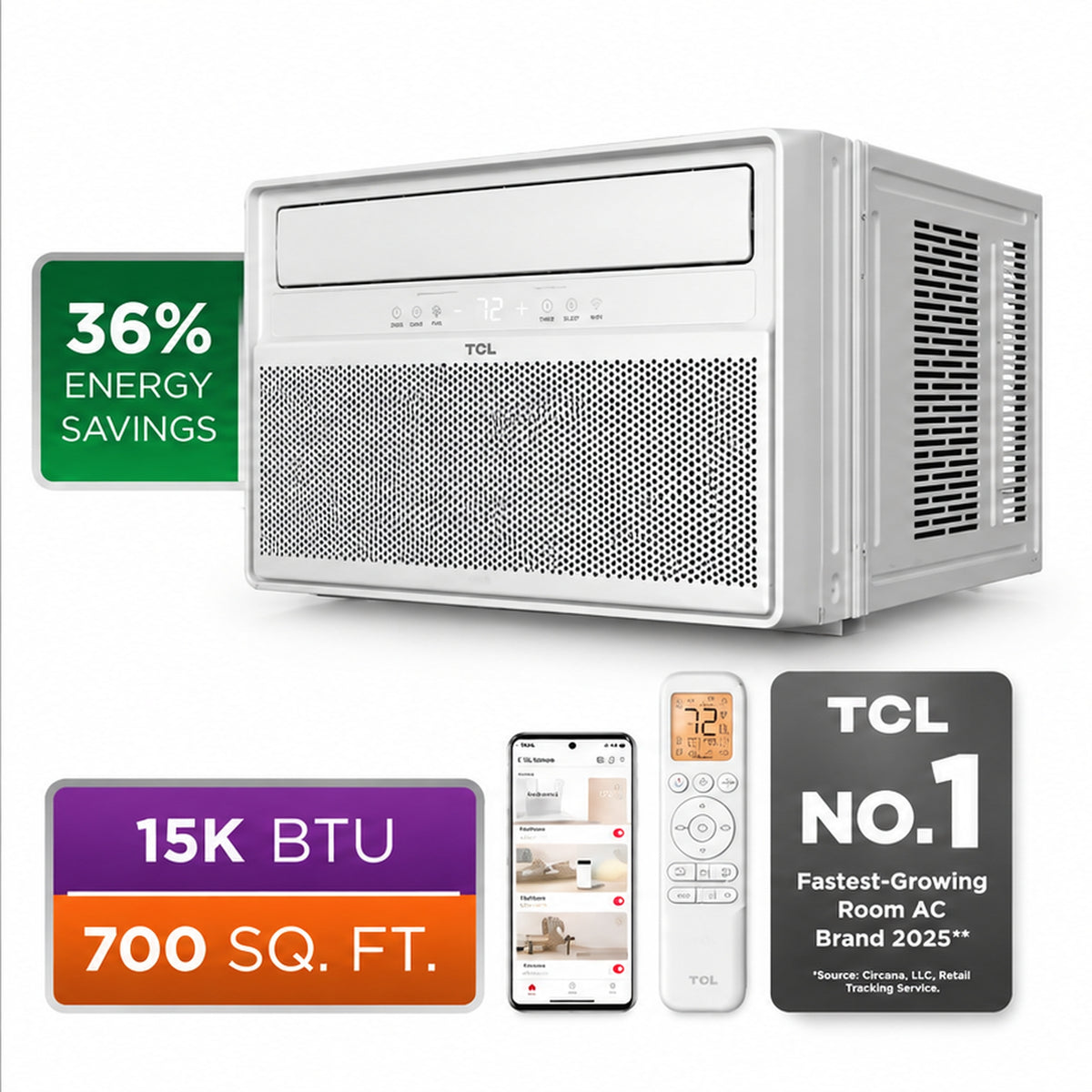 TCL 18,000 BTU Q-Series Ultra-Quiet Inverter Smart Window AC, Cools 1,000 Sq. Ft., with Wi-Fi, Remote T18WQ2S
