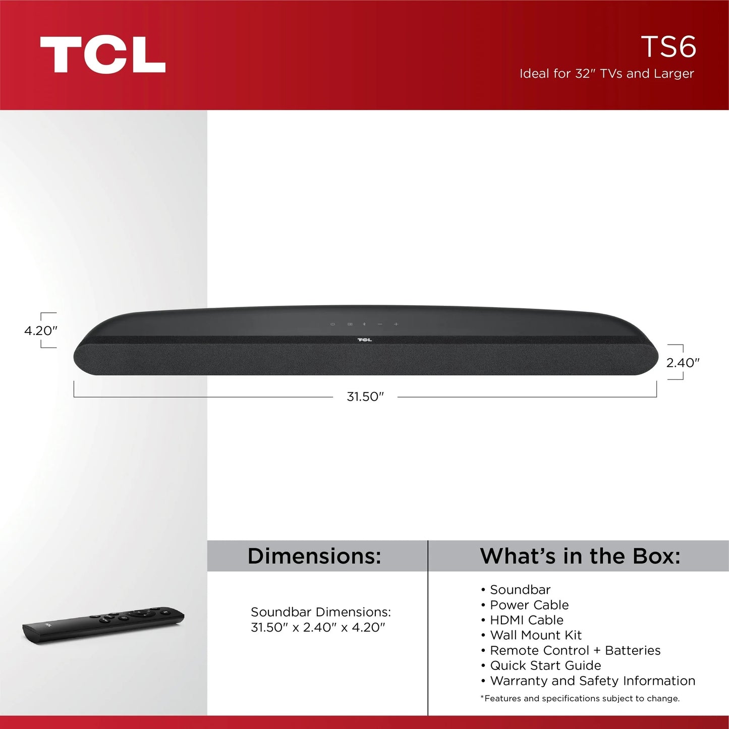 TCL Alto 6 2.0 Channel Bluetooth Home Theater Soundbar with Dolby Audio TS6