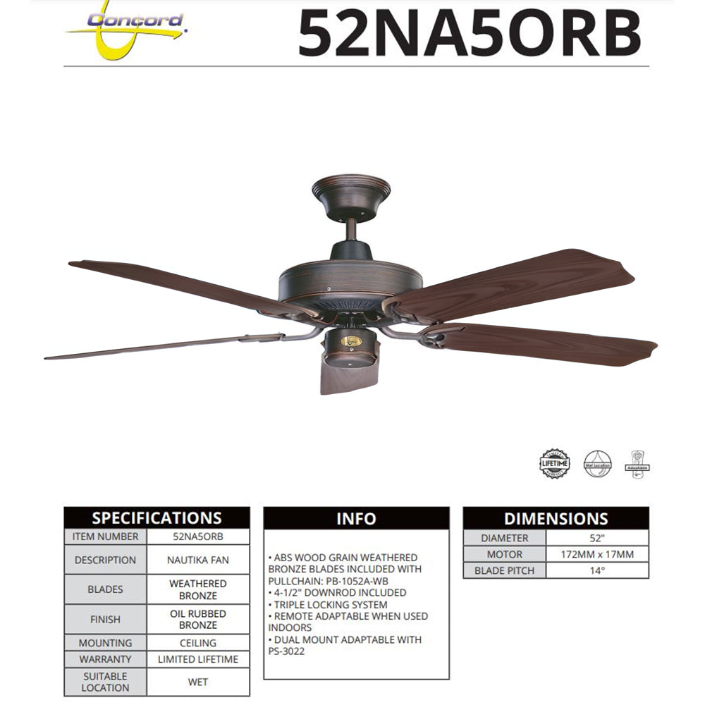 Concord Fans Nautika 52" Ceiling Fan Oil Rubbed Bronze with Weathered Bronze Blades for Wet Locations 52NA5ORB