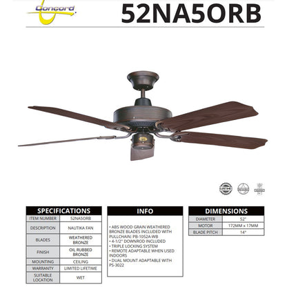 Concord Fans Nautika 52" Ceiling Fan Oil Rubbed Bronze with Weathered Bronze Blades for Wet Locations 52NA5ORB