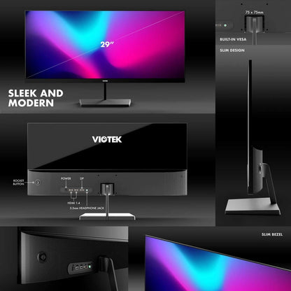 Viotek 29" LED Monitor 75hz 5ms 21:9 2560 x 1080p, 2X HDMI 1x DP 1x 3.5mm VESA