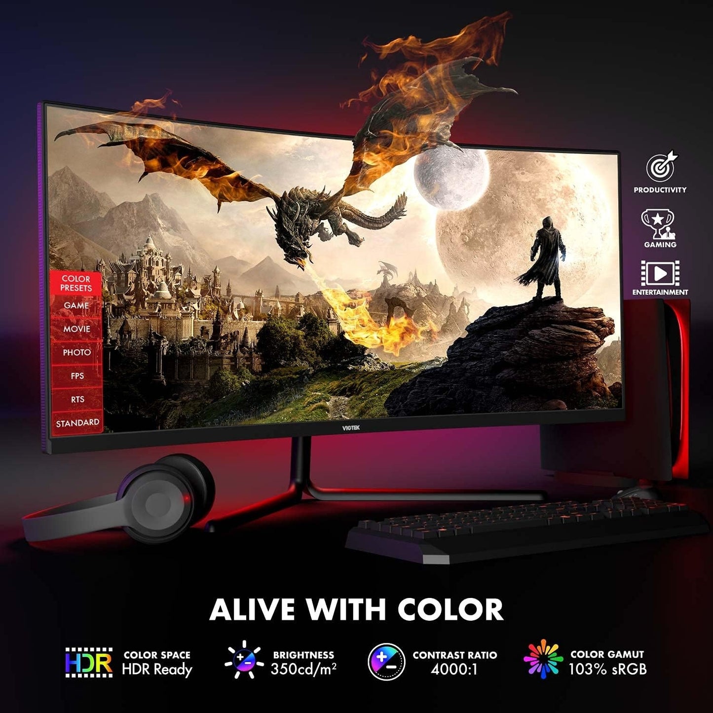 Viotek 34" LED Curved Gaming Monitor 144Hz 3440x1440 1ms DP  HDMI GNV34DBE2