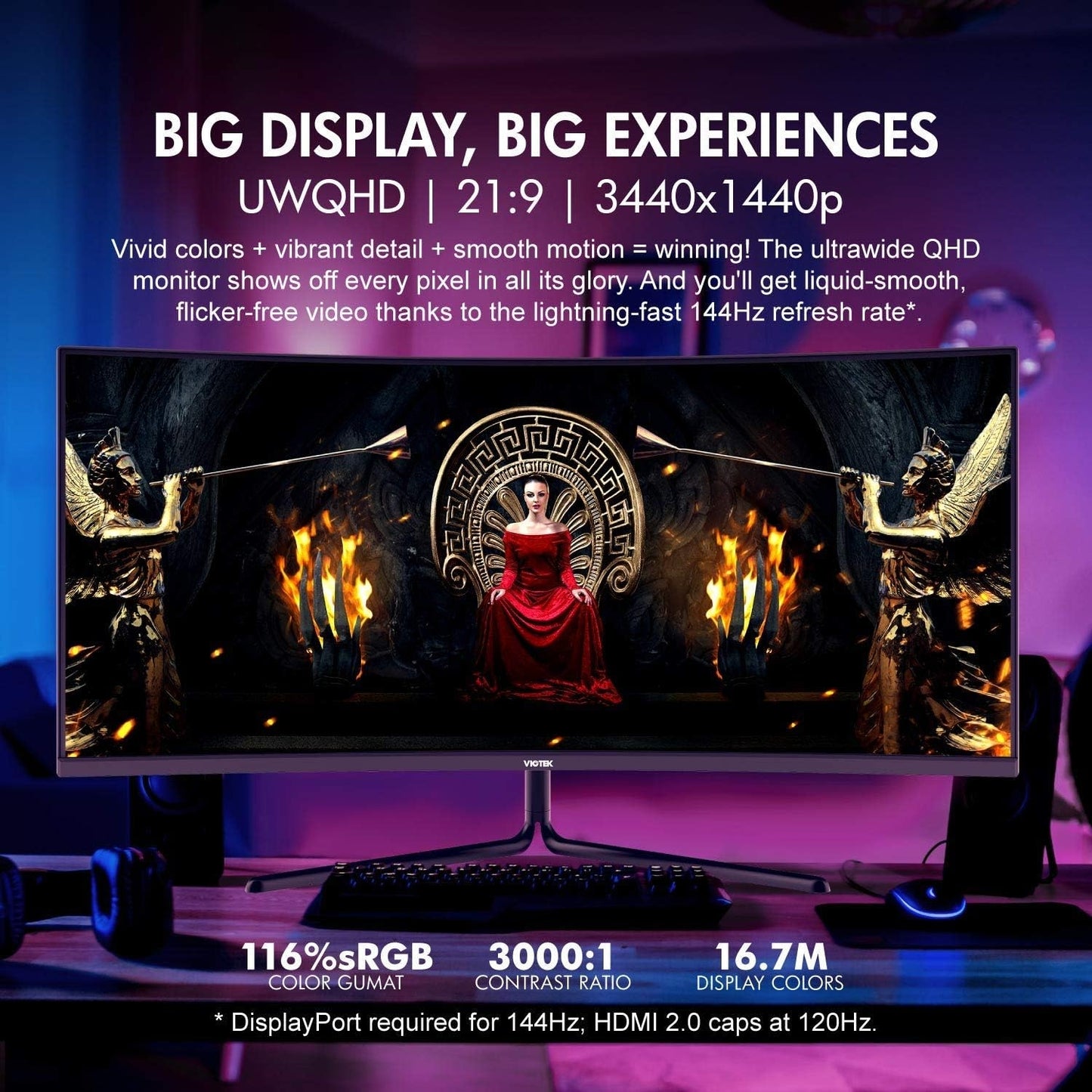 Viotek 34" Curved Gaming LED Monitor 144Hz 4ms 3440 X 1440 UWQHD 2X HDMI DP