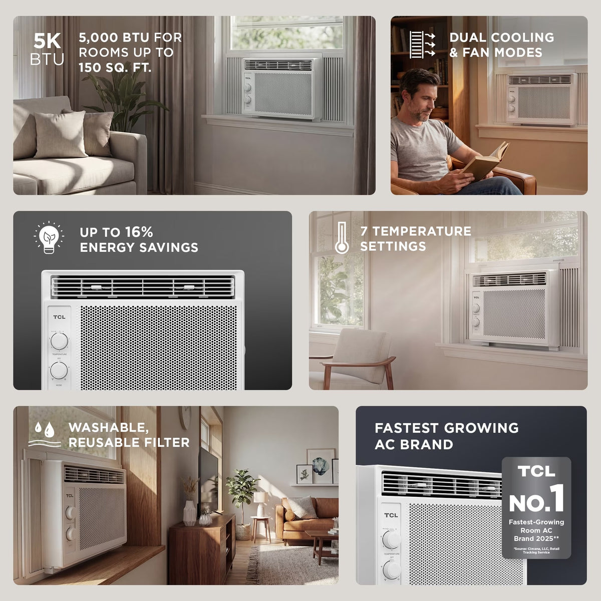 TCL 5,000 BTU Window Air Conditioner - 150 sq ft, 2-in-1 Cooling & Fan, 7 Temperature Settings W5WC72M