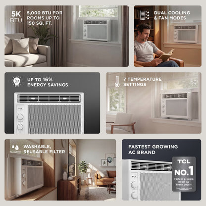 TCL 5,000 BTU Window Air Conditioner - 150 sq ft, 2-in-1 Cooling & Fan, 7 Temperature Settings W5WC72M