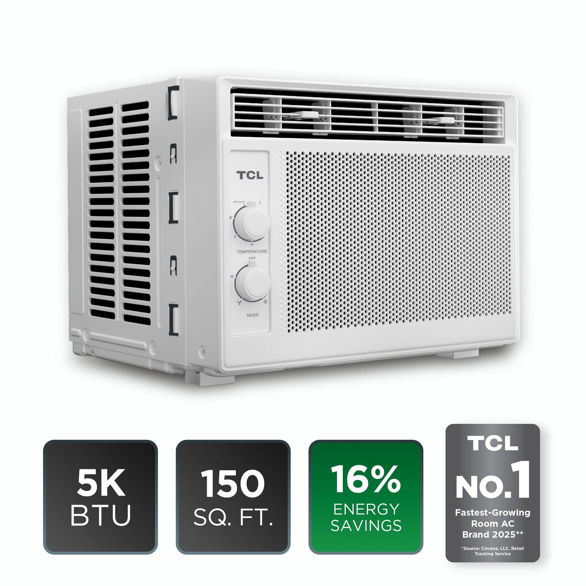 TCL 5,000 BTU Window Air Conditioner - 150 sq ft, 2-in-1 Cooling & Fan, 7 Temperature Settings W5WC72M