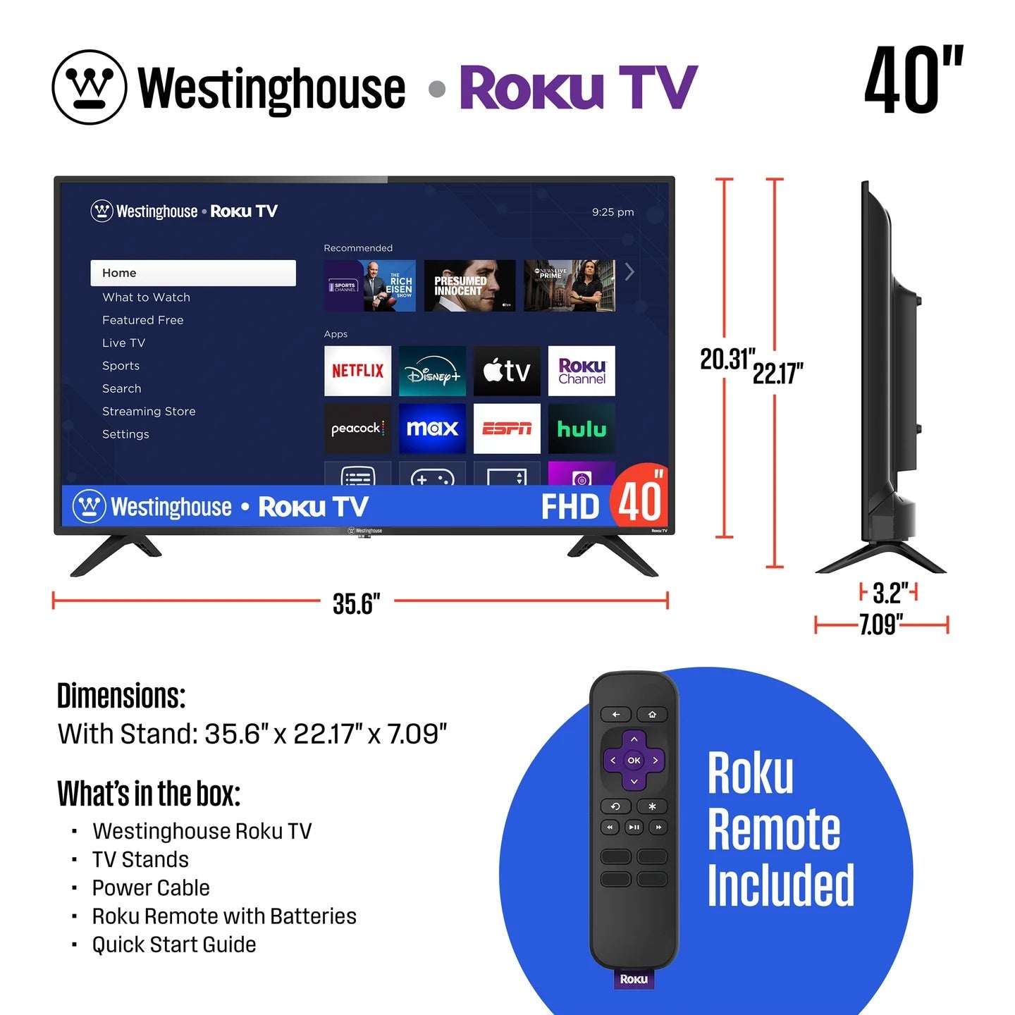 Westinghouse 40" Smart FHD ROKU TV, Wi-Fi, Bluetooth, Flat Screen, Works with Apple AirPlay, Alexa, Google Assistant - WR40FE2520