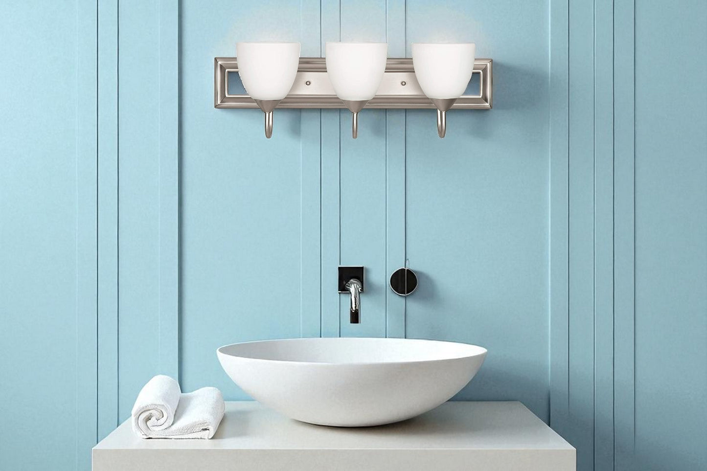 Noble Home 3-Light Bathroom 100W Vanity Light Fixture White Milk Glass Shades, Damp Rated, Satin Nickel WLF3623-53