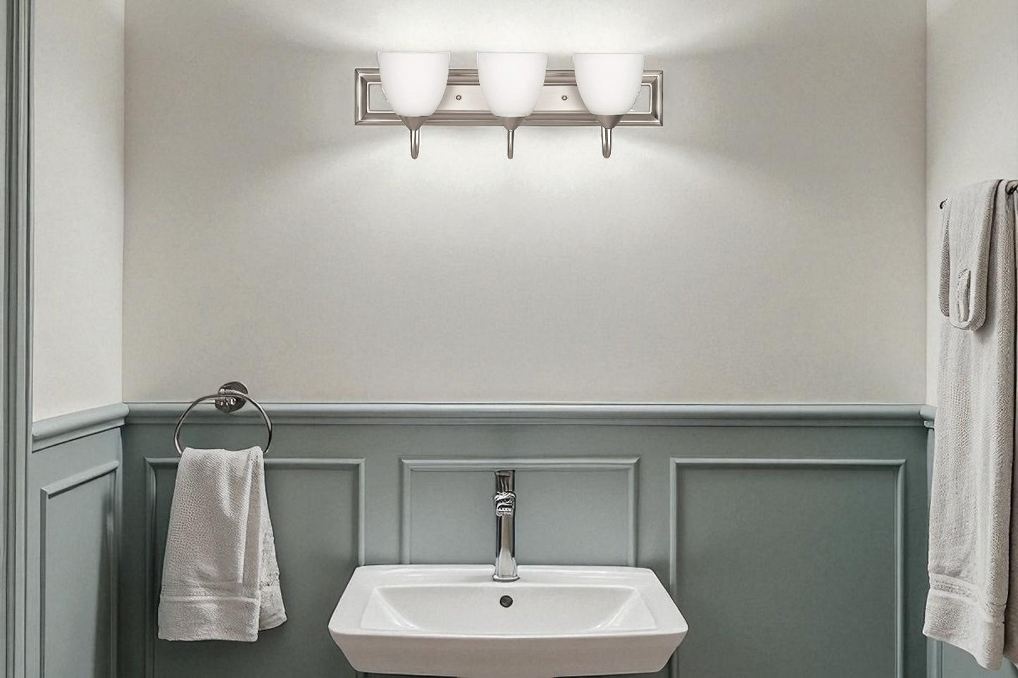 Noble Home 3-Light Bathroom 100W Vanity Light Fixture White Milk Glass Shades, Damp Rated, Satin Nickel WLF3623-53