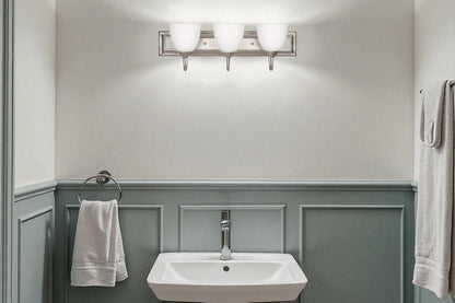 Noble Home 3-Light Bathroom 100W Vanity Light Fixture White Milk Glass Shades, Damp Rated, Satin Nickel WLF3623-53