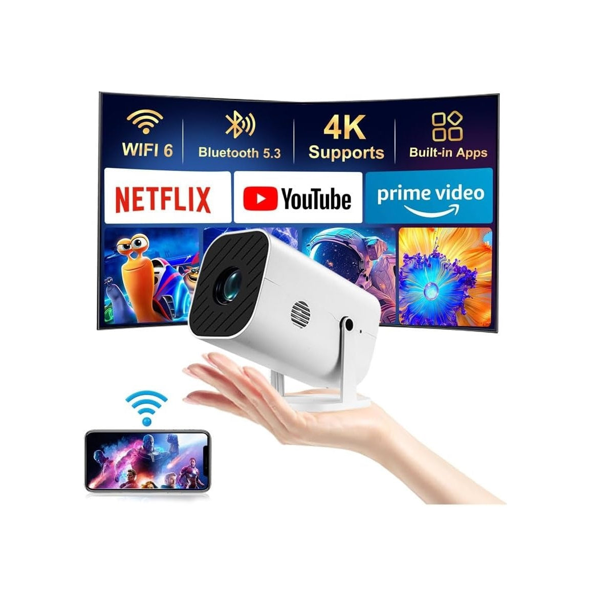 YGSKK Smart Mini Projector with Wi-Fi & Bluetooth – 1080P Portable Electric Focus Movie Projector for iPhone, Android, PS5 & Home Theater