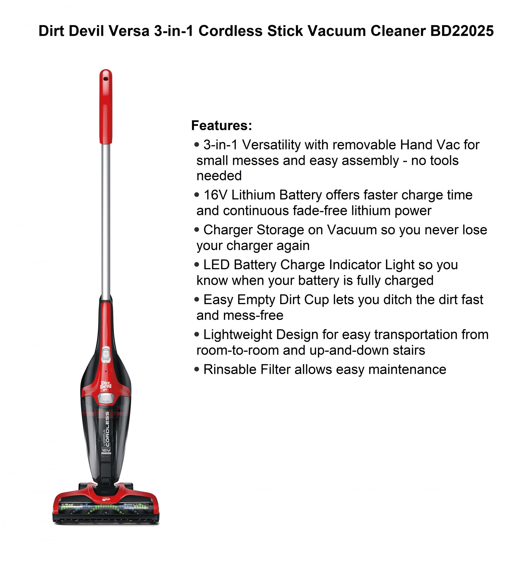 Dirt Devil Versa 3 in 1 Cordless Stick Vacuum BD22025 from Dirt
